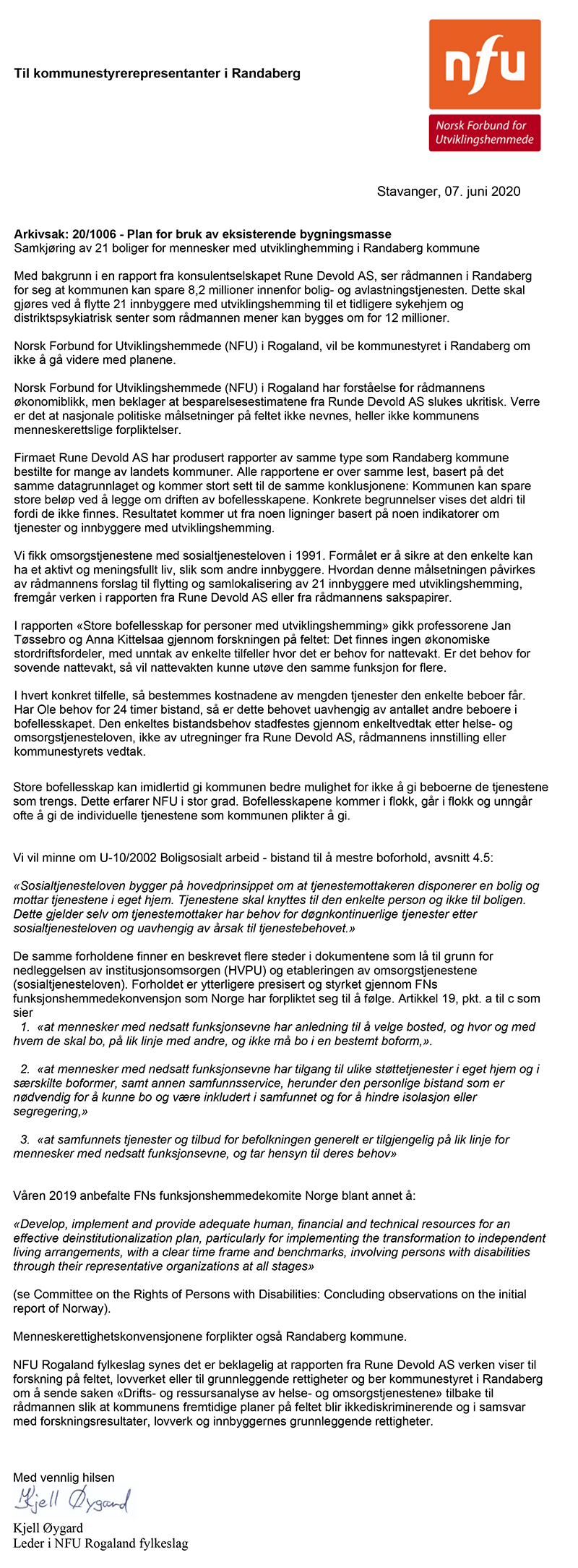 Brev til Randaberg fra NFU Rogaland