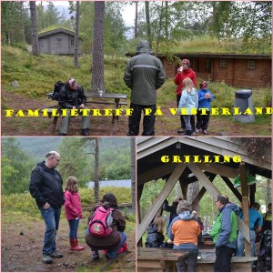 Voksne og barn på tunet foran hytta