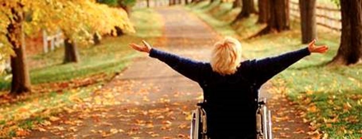 Dame i rullestol i parken